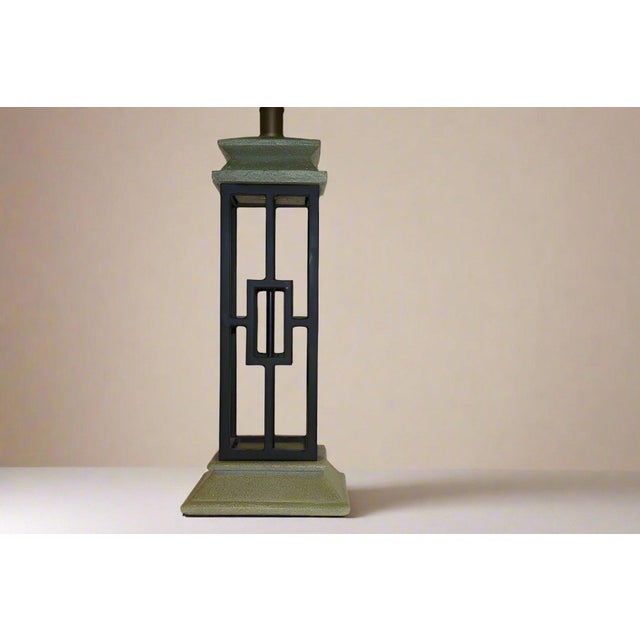 Classic design of iron and stone with unique geometric theme Condition: Good+ Dimension: 30.25-inch H x 8-inch W x 8-inch D.