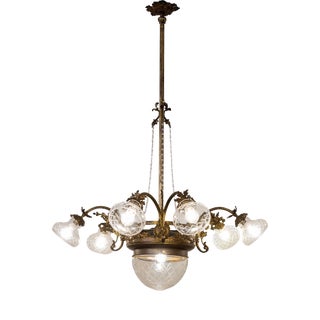 Vintage Art Nouveau Chandelier in Brass and Cut Glass, Italy, 1920s For Sale