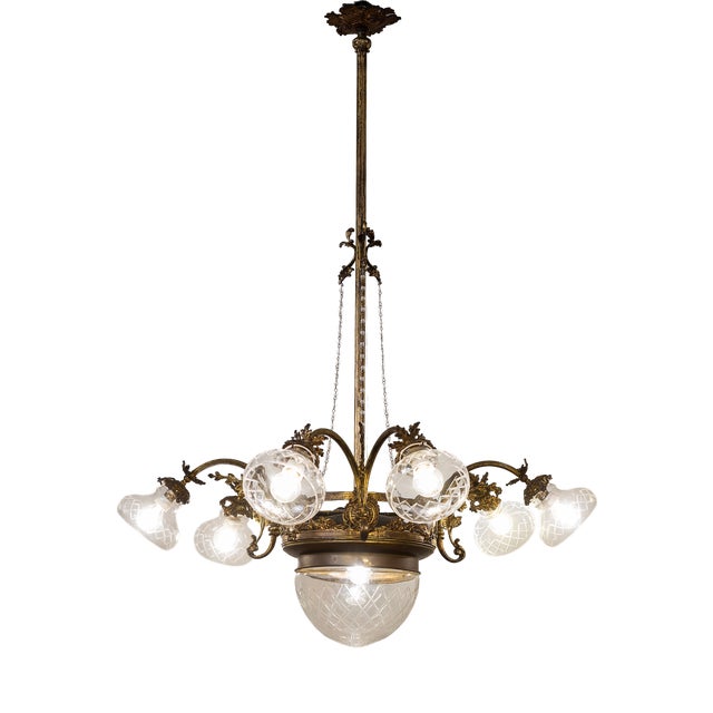 Vintage Art Nouveau Chandelier in Brass and Cut Glass, Italy, 1920s For Sale