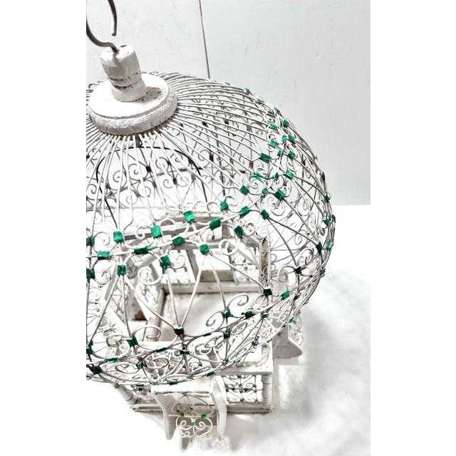 Late 20th Century French Country Whitewashed Metal Birdcage Sculpture – Ornate Decorative Cage With Green Jewel Accents, Garden Room Decor For Sale - Image 5 of 12