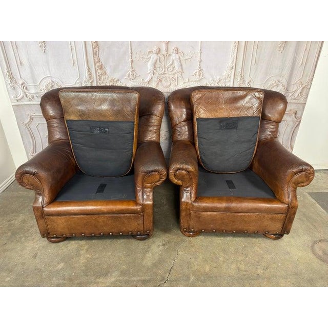 Pair of English Library Club Chairs in Hand-Finished Cognac Leather For Sale - Image 15 of 18