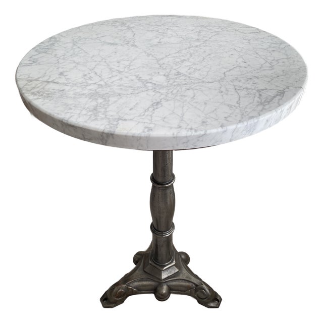 Vintage Silver Finish Cast Iron Garden Bistro Table With Marble Top For Sale