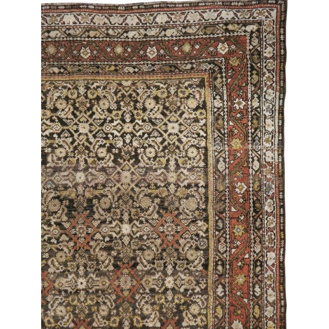 This early 20th-century Persian Kurdish rug presents a densely patterned allover composition across a deep brown field....