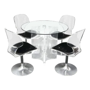 Tulip Chrome Base Lucite Seats Set of 4 Chairs Dining Table with Glass Round Top - 5 Pieces