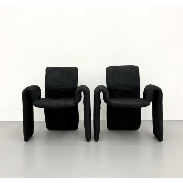 Postmodern Vintage Postmodern Black Suede Sculptural Lounge Chairs – Pair For Sale - Image 3 of 7