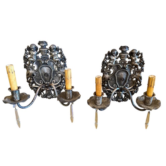 1910s Neoclassical Brass With Original Silvery With Ornate Central Urn Crest Flanked by Cherubs - Pair For Sale In Los Angeles - Image 6 of 8