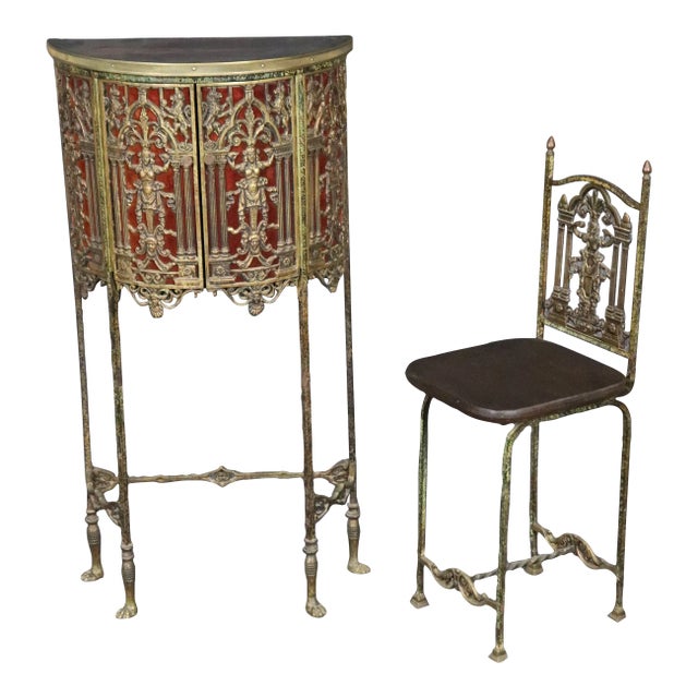 Oscar Bach Style Faux Tortoise Shell Bronze Demilune Cabinet Console & Chair For Sale