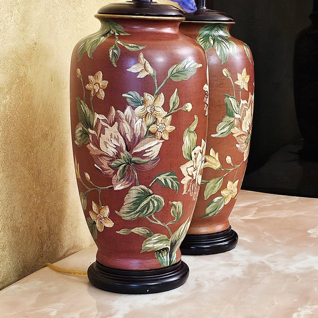 Vintage Burgundy Floral Chinoiserie Ceramic Ginger Jar Table Lamps With Shades - Pair For Sale - Image 9 of 18
