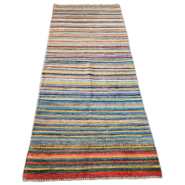 Early 21st Century Hand-Knotted Afghan Ethnic Runner Rug with Multicolor Stripes, 2010s For Sale - Image 5 of 11