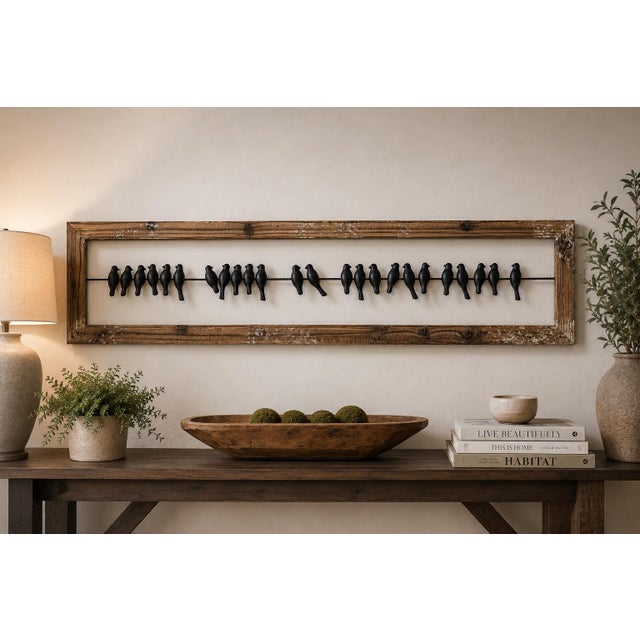 Rustic Framed Metal Birds on Wire Wall Sculpture – Reclaimed Wood Farmhouse Wall Art, 38”w For Sale In Houston - Image 6 of 7