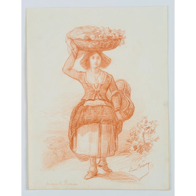 Louis Browne (19th century): Young peasant woman in traditional costume, Pyrenees, 1853, Red chalk drawingTechnique: Red...