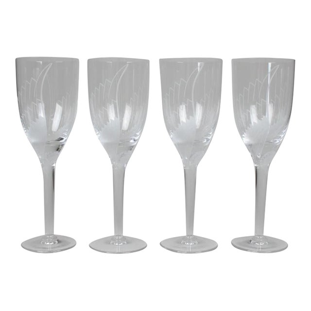 Lalique France Crystal Ange Angel Wing Fluted Champagne Glass Set of 4 For Sale