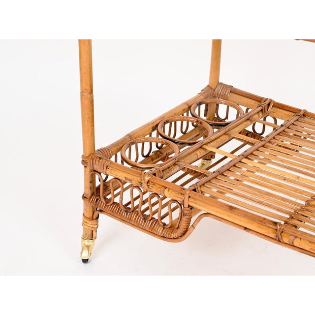 Gold Vintage Italian Rattan and Wicker Serving Bar Cart by Franco Albini, Italy, 1960s For Sale - Image 8 of 15