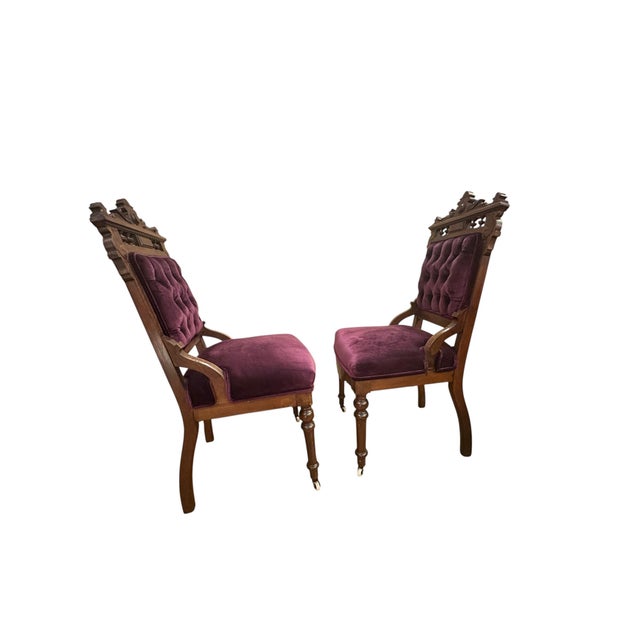19th Century Antique Victorian Eastlake Style 3 Piece Ornate Carved Walnut Parlor Set Newly Reupholstered in a Purple Velvet For Sale - Image 5 of 17