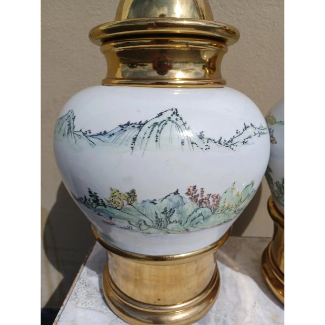 Asian Pair of Vintage Mid 20th Century Asian Bronze and Porcelain Lamps For Sale - Image 3 of 4