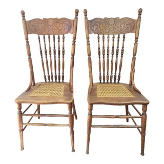Vintage Oak Press Back Chairs With Cane Seats - a Pair For Sale