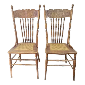 Vintage Oak Press Back Chairs With Cane Seats - a Pair