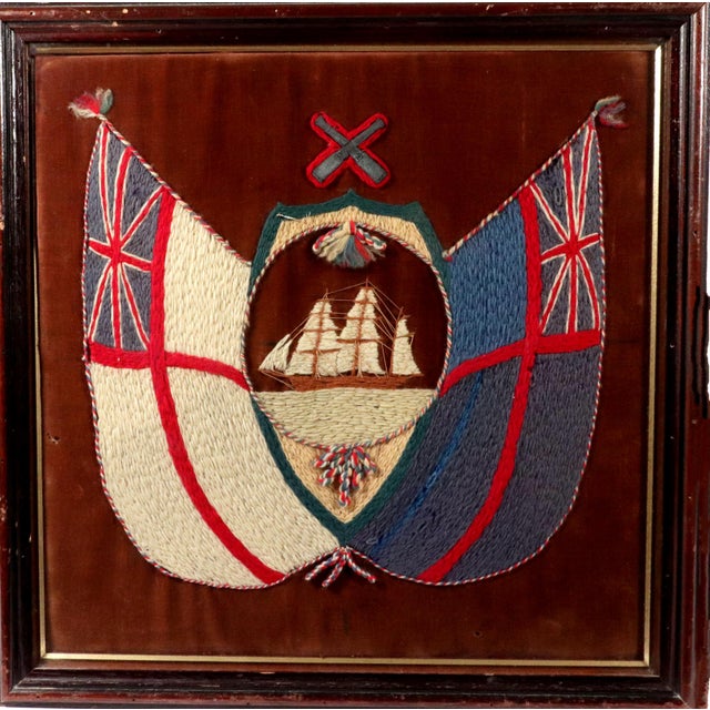 Sailor's Woolworks, Rare Square Pair on Velvet With Union Jack, Stars and Stripes and Royal Navy Ensigns For Sale - Image 12 of 13