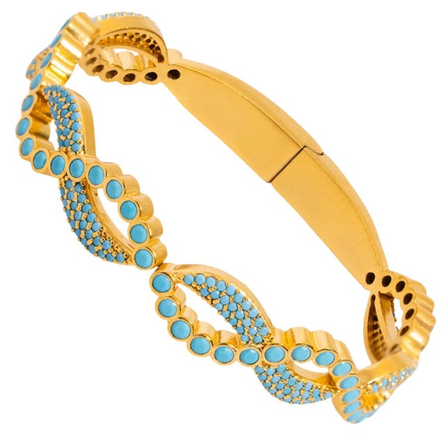 Contemporary Modern Style Turquoise Gemstone & Gold Bangle Bracelet For Sale - Image 3 of 6