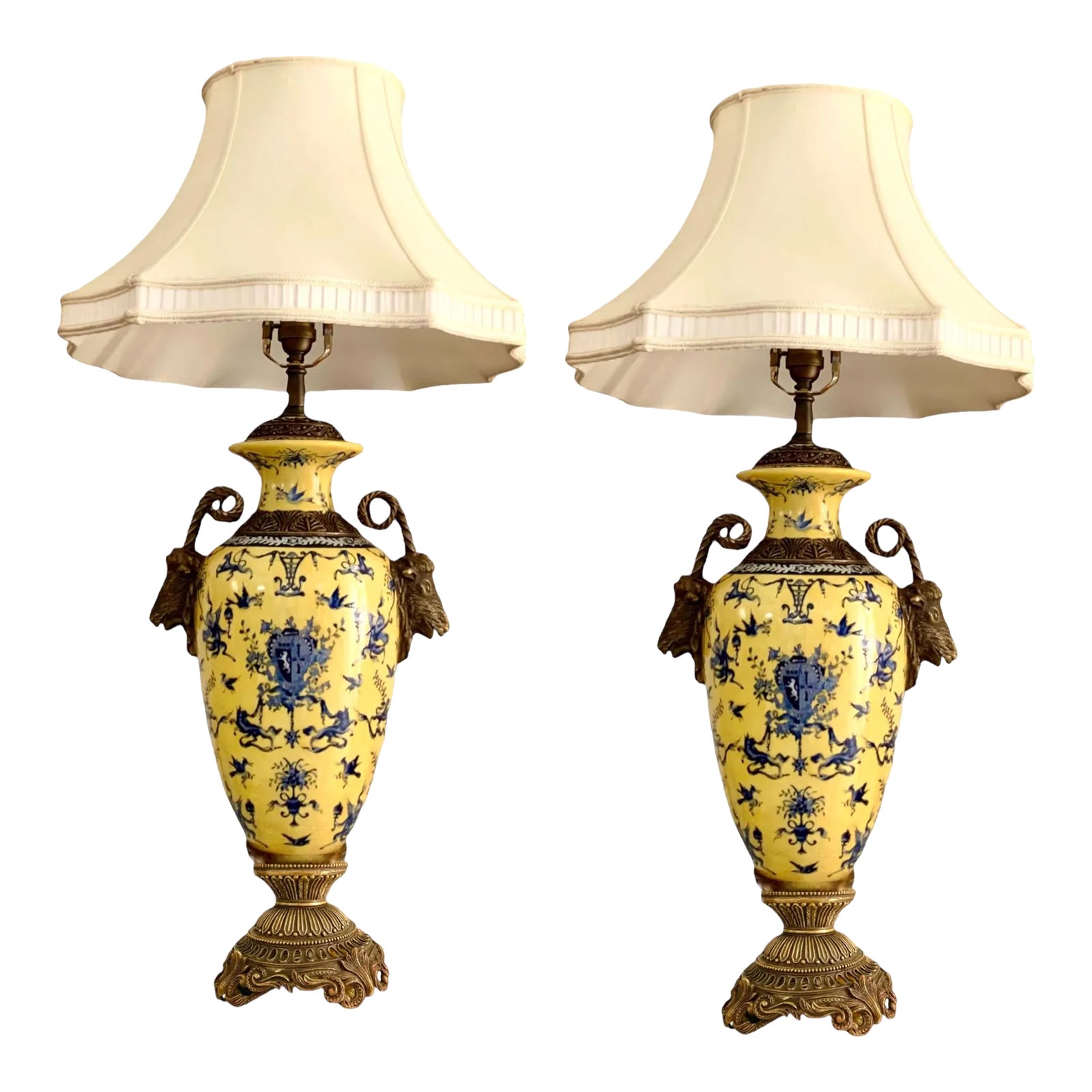 Vintage Pair Italian Porcelain Lamp With Brass Ram Head and Silk Shades Chairish