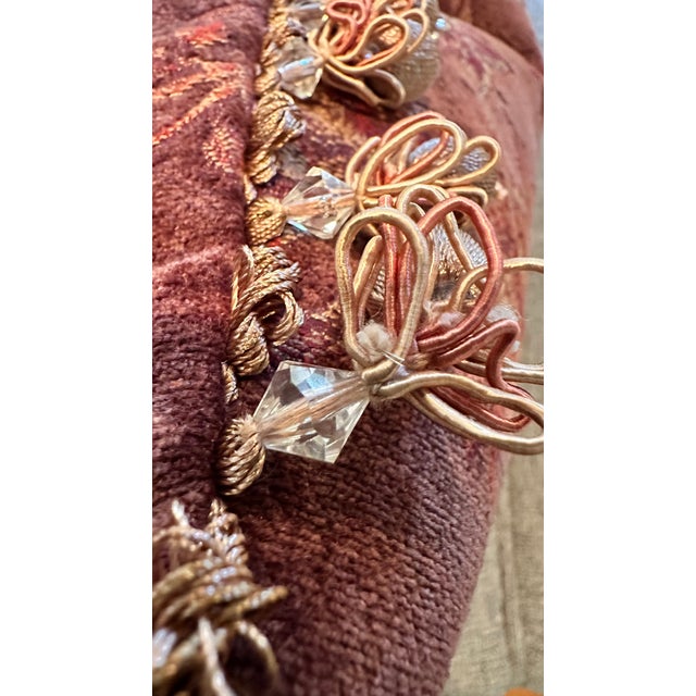 Vintage Schumacher épingle (loop and cut pile ) velvet with ornate fringe and crystal trim. Invisible zipper closing....