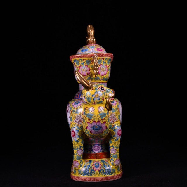 Late 20th Century Chinese Yellow Ground Famille Rose Porcelain Zun Vase With Bull Handles For Sale - Image 5 of 9