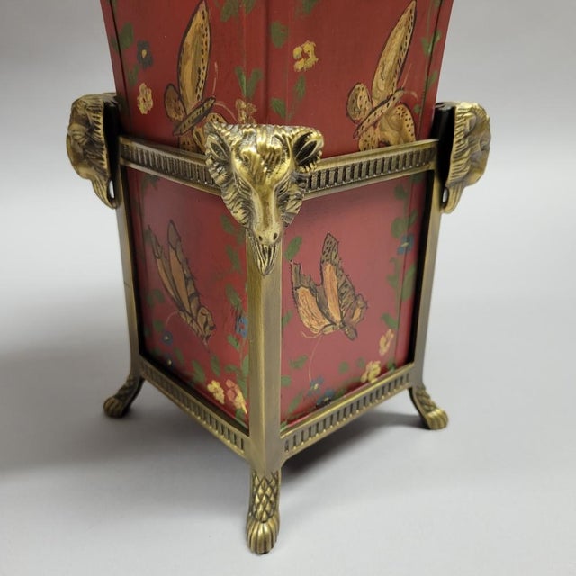 Vintage Red Tole Butterfly Vase Cachepot in Brass Rams Head Stand For Sale - Image 4 of 6