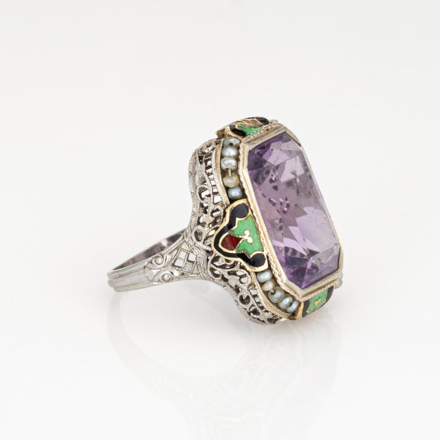 Vintage Art Deco Amethyst Ring Enamel Cocktail 14k Gold Filigree Size 7 For Sale - Image 4 of 7