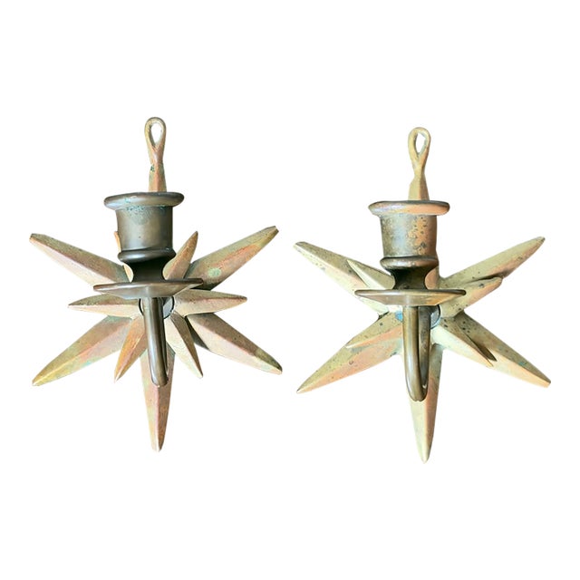 Pair Vintage Brass Starburst Wall Sconces – Star Candle Holders, Celestial Decor For Sale