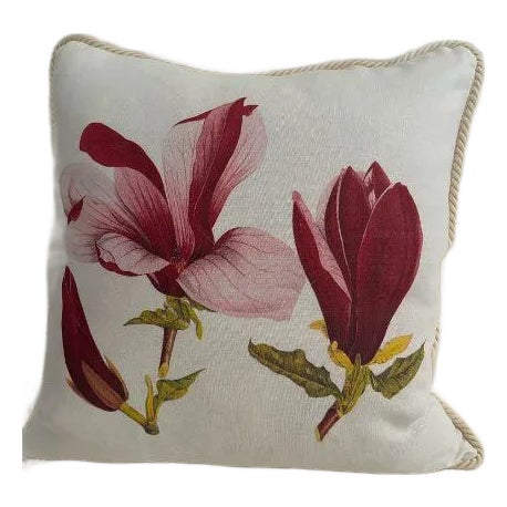 Magnolia Floral Linen Pillow For Sale