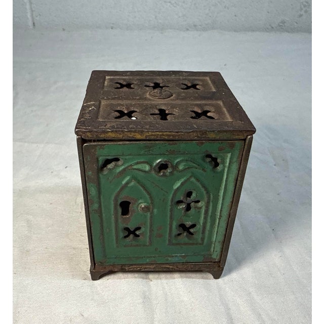 American Antique 1800's Cast Iron Green Church Window Still Coin Dime Bank Toy Safe For Sale - Image 3 of 9