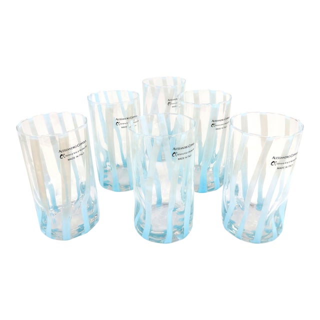 Alessandro Coppola Murano Art Glass Tumblers With Blue Ribbon Pattern - Set of 6 For Sale