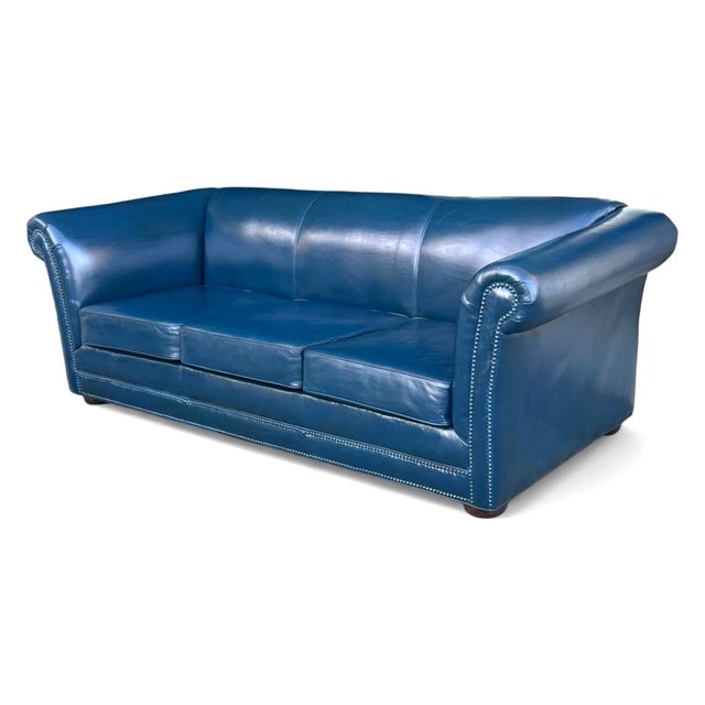 1960s 1960s Navy Blue Leather Roll-Arm Sofa With Brass Nailhead Trim and Wooden Bun Feet For Sale - Image 5 of 12