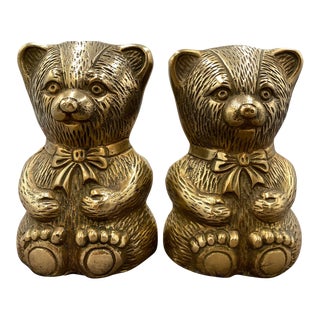 Pair Teddy Bear Bookends Made in Korea Polished Brass For Sale