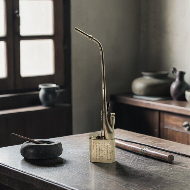 An antique Chinese Wenfang scholar’s desk utensil set executed in paktong, the traditional “white copper” alloy favored...