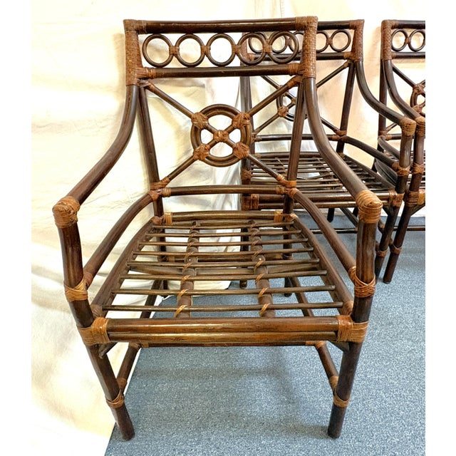 McGuire Vintage McGuire Inspired Target Back Style Bamboo and Rawhide Wrapped Arm Chairs With Cushions- Set of 4 For Sale - Image 4 of 18