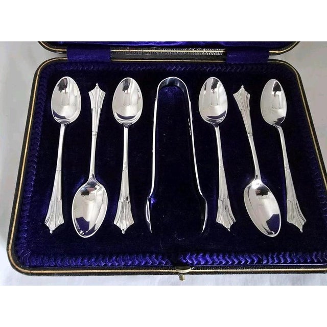 Antique Sterling Silver Teaspoon & Tongs Set, 1908, Set of 7 For Sale - Image 16 of 18