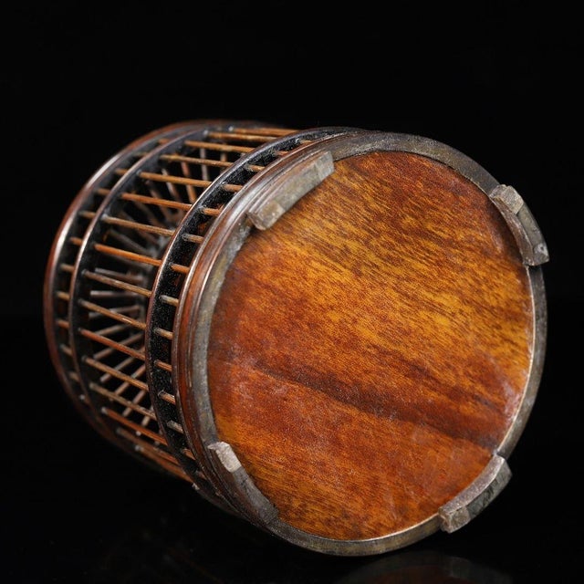 Vintage Chinese Huali Rosewood Cricket Cage | Round Cage With Brass Hook & Inlay For Sale - Image 4 of 11
