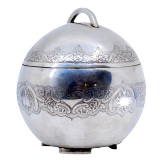 Silver Ball-Shaped Candy Box with Shell Engraving and Floral Motifs For Sale