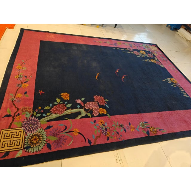 1920s Blue Navy Open Field Floral Antique Chinese Art Deco Carpet 9' X 11'8" Knotted Wool Rug For Sale - Image 9 of 10