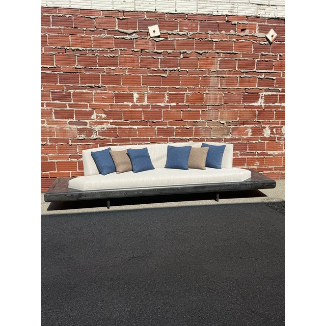 Black Stained Wood Front and End Tables, Oatmeal/Off White Upholstery. Original Mid Century. No makers mark or label. Sofa...
