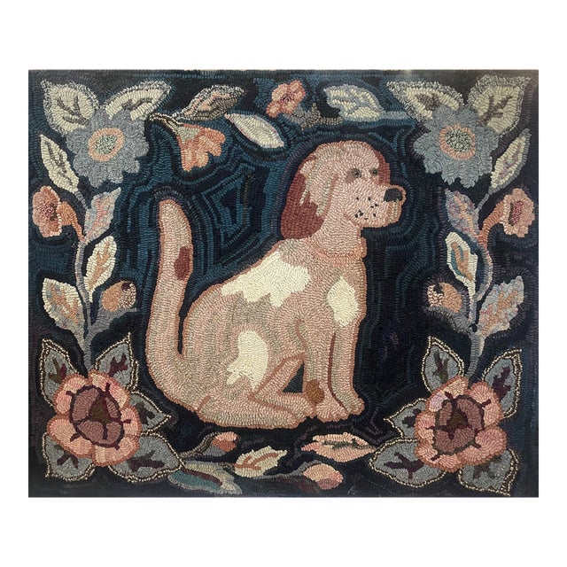"The Faithful Companion" American Folk Art Hound Pictorial Hooked Rug, 1920s For Sale