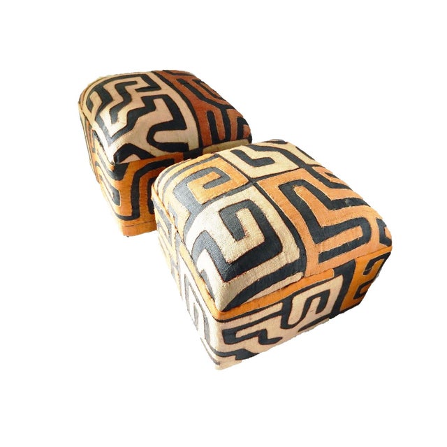 African Vintage Custom Made African Upholstered Kuba Textile Ottomans/Footstools, Set of Two For Sale - Image 3 of 8