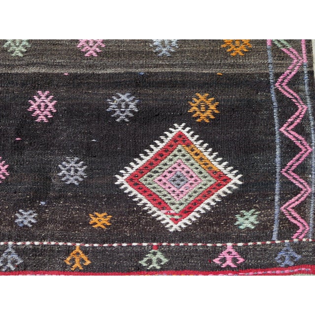 Mid 20th Century 60s Black Handwoven Turkish Tribal Kilim Wool Area Rug For Sale - Image 10 of 11