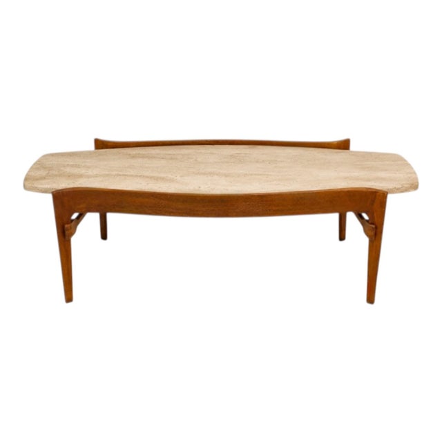 This is a 1950s organic modern walnut and travertine coffee table designed by Bertha Schaefer for Singer & Sons. She was...