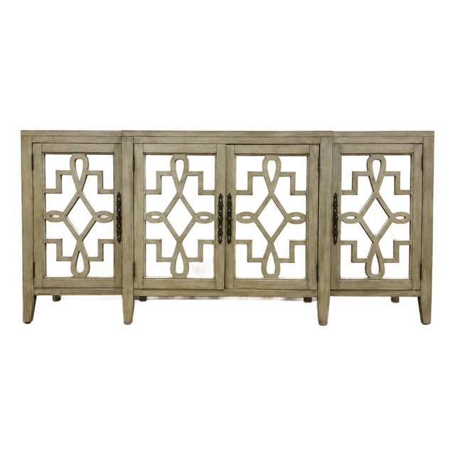 Contemporary Sage Gray Mirrored Four-Door Credenza / Sideboard For Sale