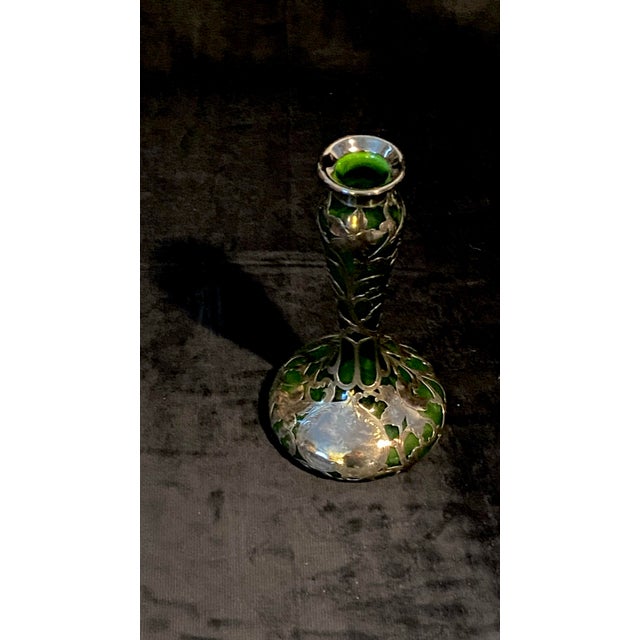 Glass Antique Loetz Sterling Art Nouveau Green Glass Vase For Sale - Image 7 of 9
