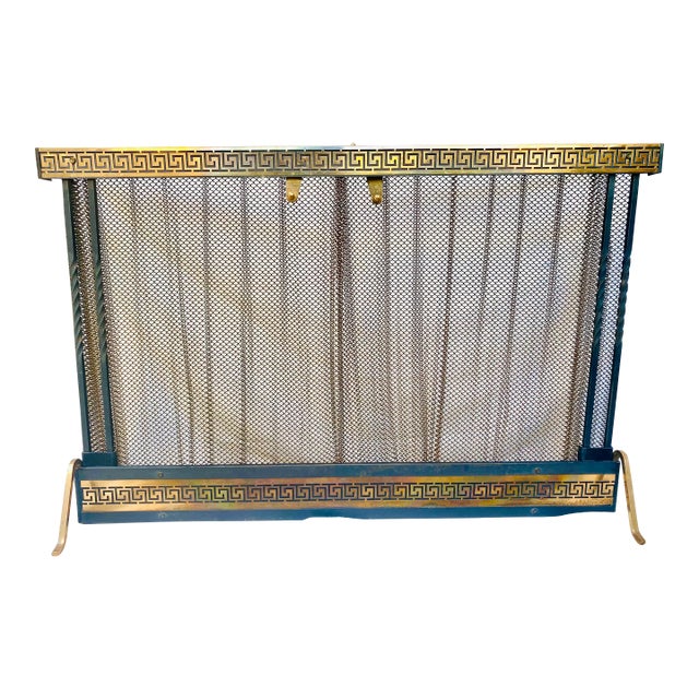 Mid Century Modern Brass and Iron Greek Key Design Fireplace Screen For Sale
