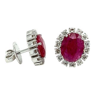 3.5 Carat No Heat Oval Cut Ruby Earrings With Round Diamond Halo For Sale