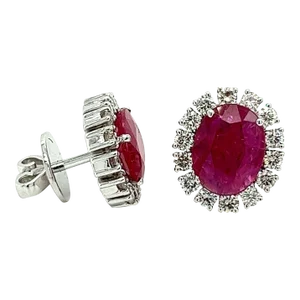 3.5 Carat No Heat Oval Cut Ruby Earrings With Round Diamond Halo